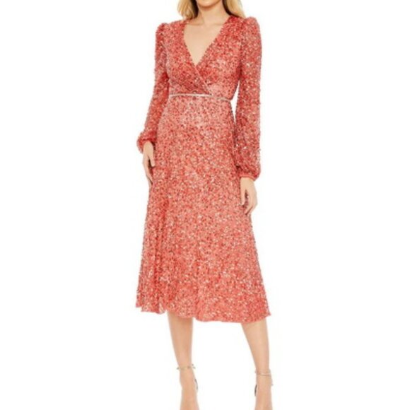 Mac Duggal Coral Sequin Puff Sleeve Wrap Midi Dress